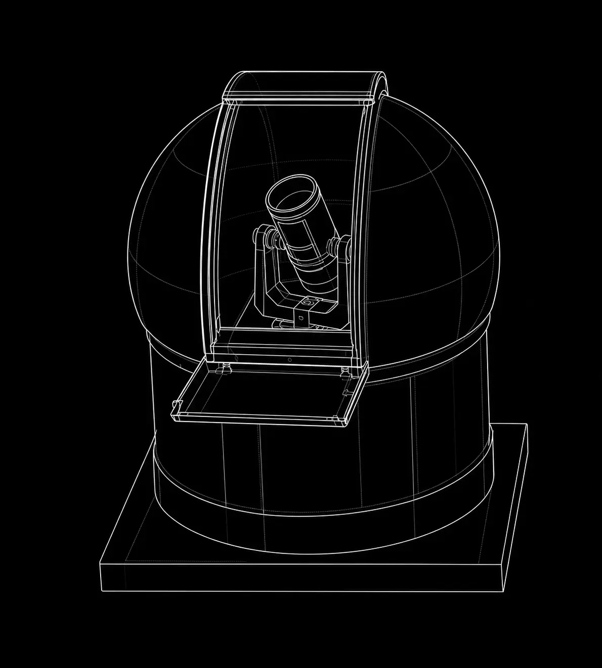 Blueprint-style technical drawing of an optical telescope inside an open observatory dome